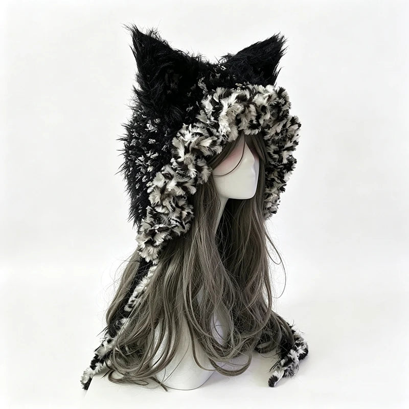 Handmade Black Grey Fox Ear Beanie Women Winter Warm Custom Crochet Plush Knit Ruffled Hat Men Gothic Cosplay Casual Unisex Caps