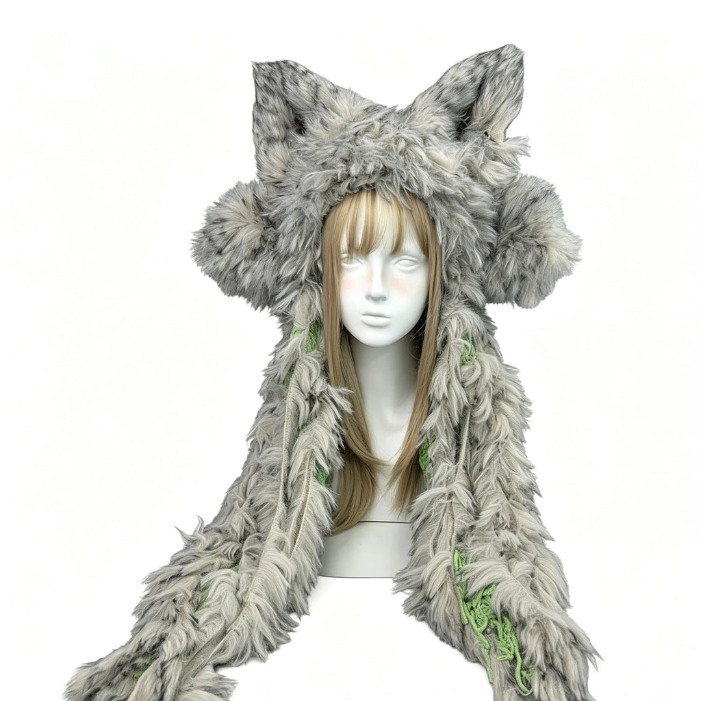 Custom Handmade Crochet Gray Wolf Ears Hat Men Winter Warm Green Tie Knitted Beanie Women Woodland Festival Gothic Cosplay Hood