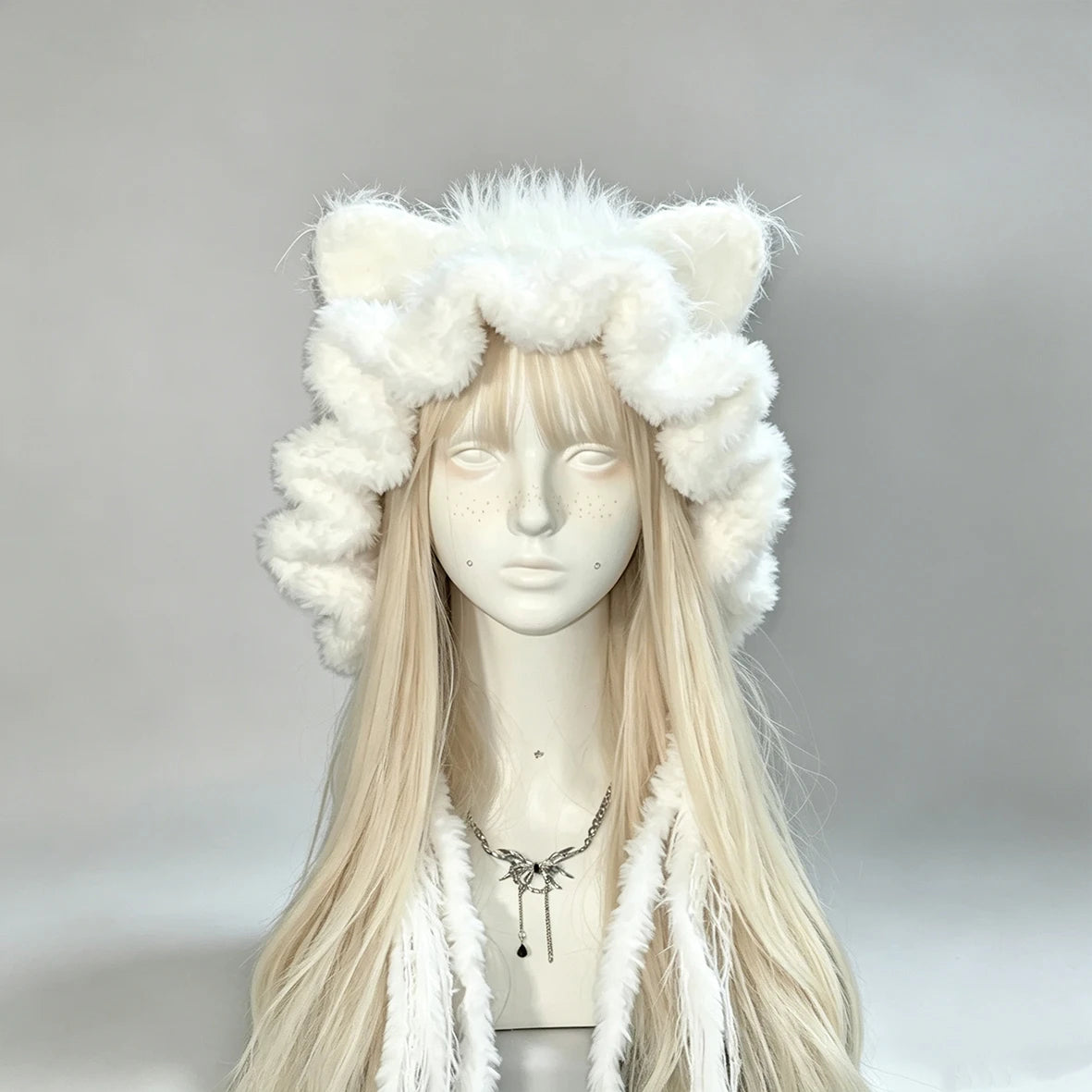 Handmade Custom Crochet White Cat Ear Ruffle Hat Women Soft Fuzzy Knitted Beanie Girls Fairycore Kawaii Winter Warm Hood Hat
