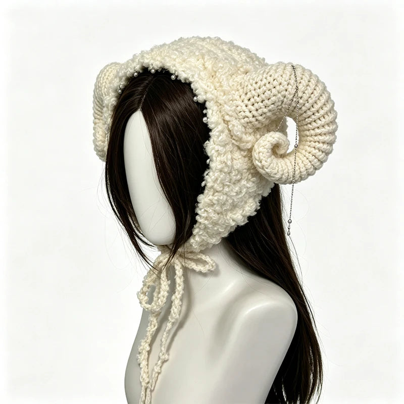 Handmade Beige Goat Cow Horned Hat Women Custom Crochet Plush Knitted Beanie Men Cosplay Kawaii Casual Winter Warm Cap Girls