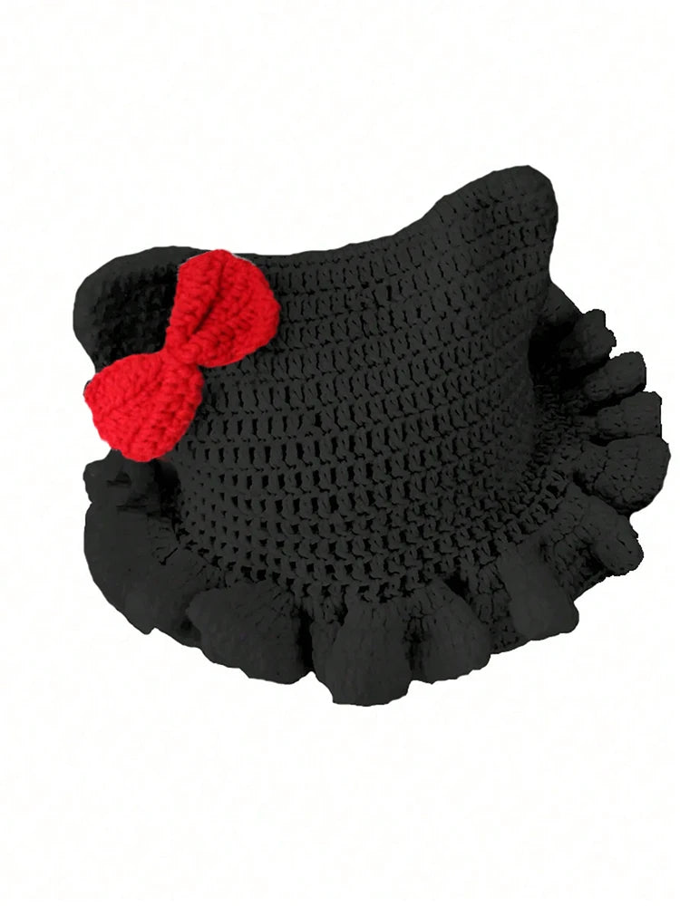 Knotwild crochet cat ear ruffle hat with pink bow for women