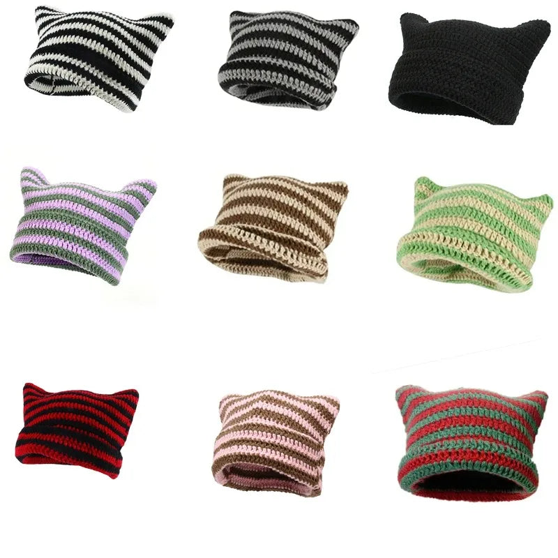 Knotwild warm cat ear striped punk Y2K crochet bucket hat