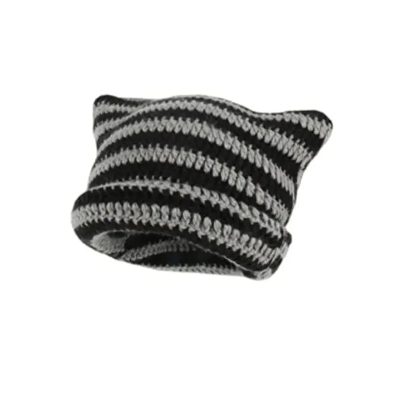 Knotwild warm cat ear striped punk Y2K crochet bucket hat