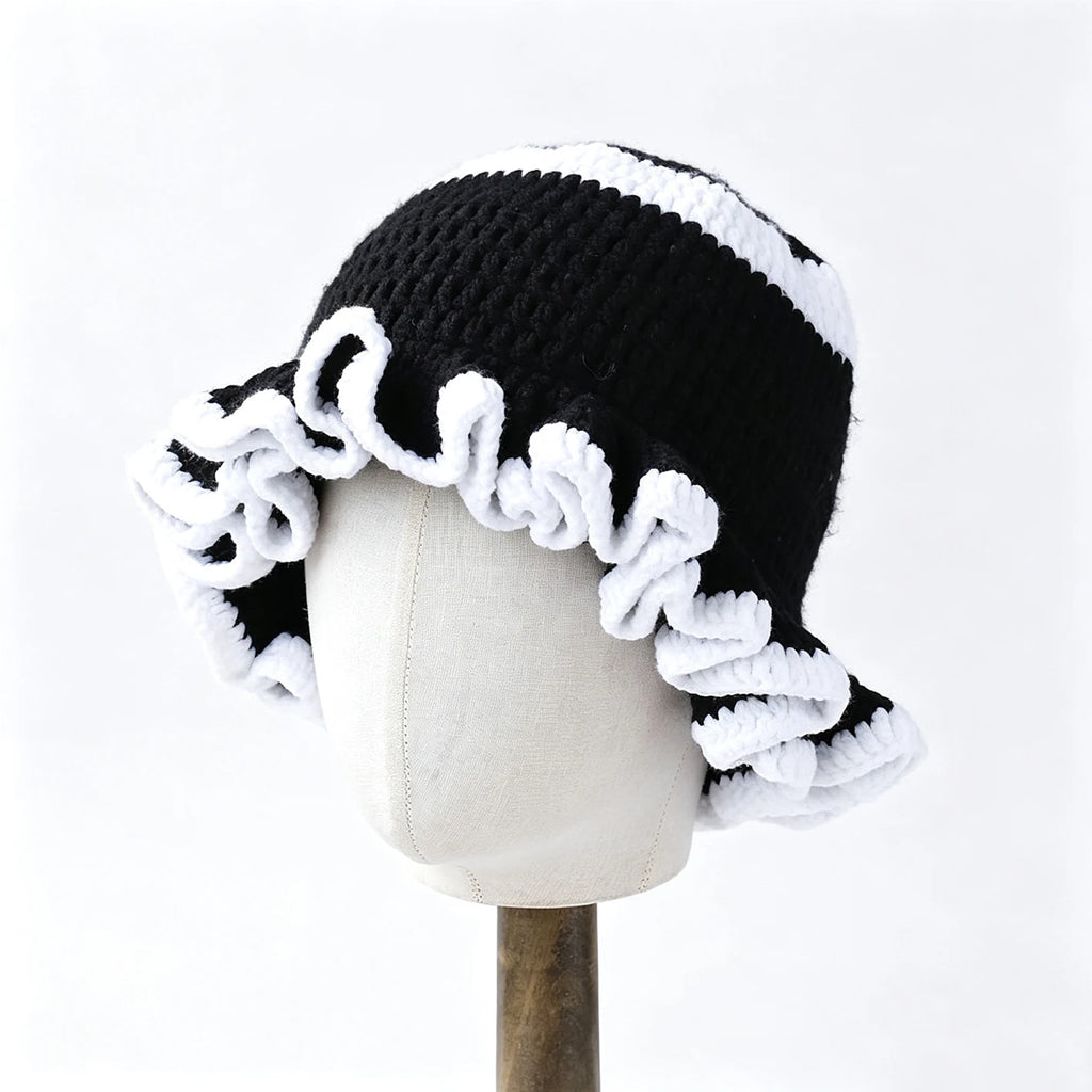 Knotwild two-tone ruffle crochet wide-brim folded bucket hat