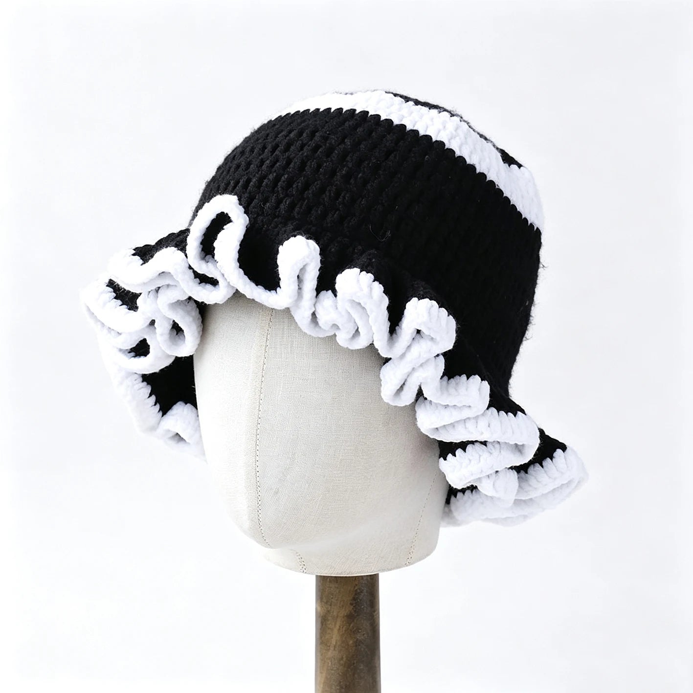 Knotwild two-tone ruffle crochet wide-brim folded bucket hat