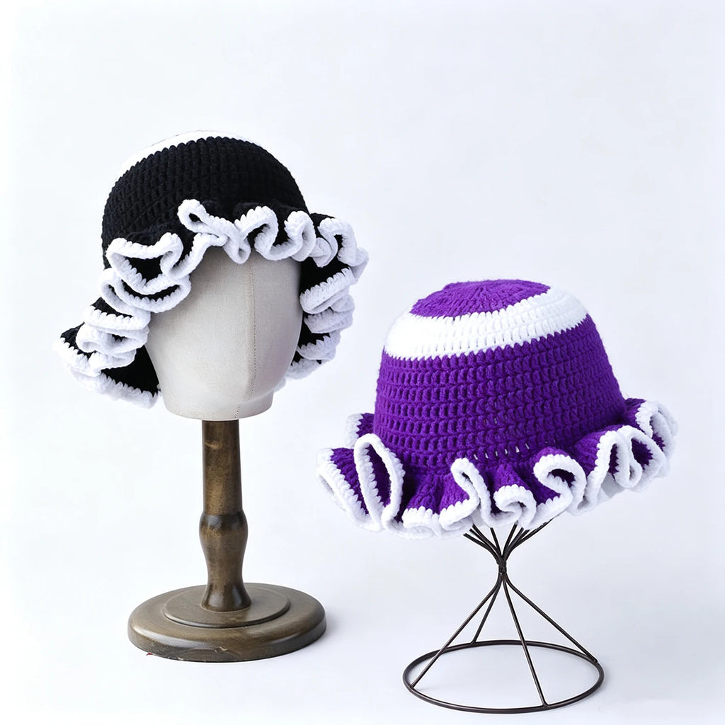 Knotwild two-tone ruffle crochet wide-brim folded bucket hat