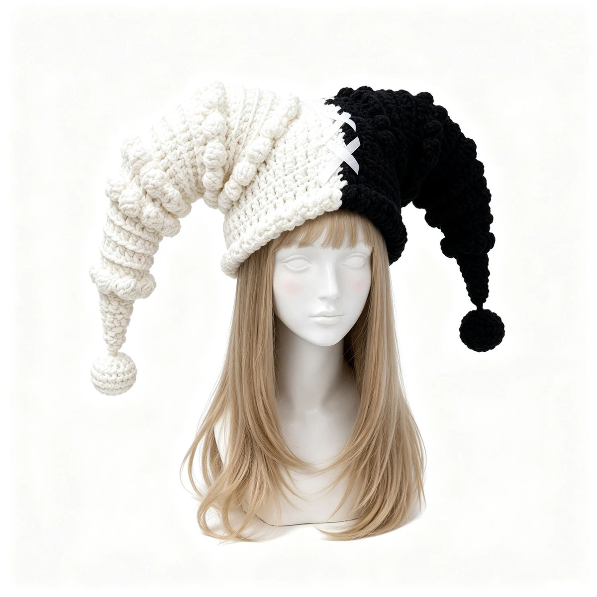 Custom Handmade Crochet Black White Jester Hat Men Knitted Clown Beanie Women Cosplay Halloween Carnival Party Skullies Cap