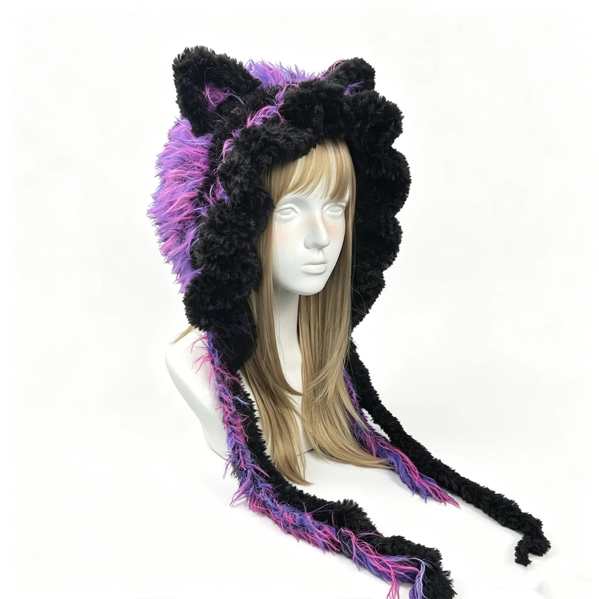 Handmade Crochet Black Purple Cat Ear Hat Men Fuzzy Tassels Knit Winter Warm Hood Goth Halloween Cosplay Beanie Women Custom