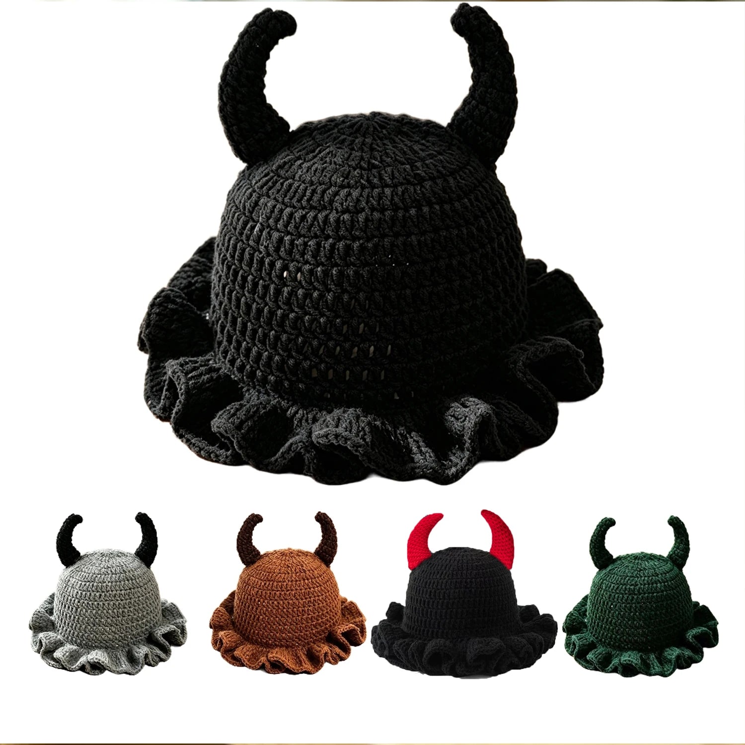 Knotwild cute devil horn crochet bucket hat with ruffle brim