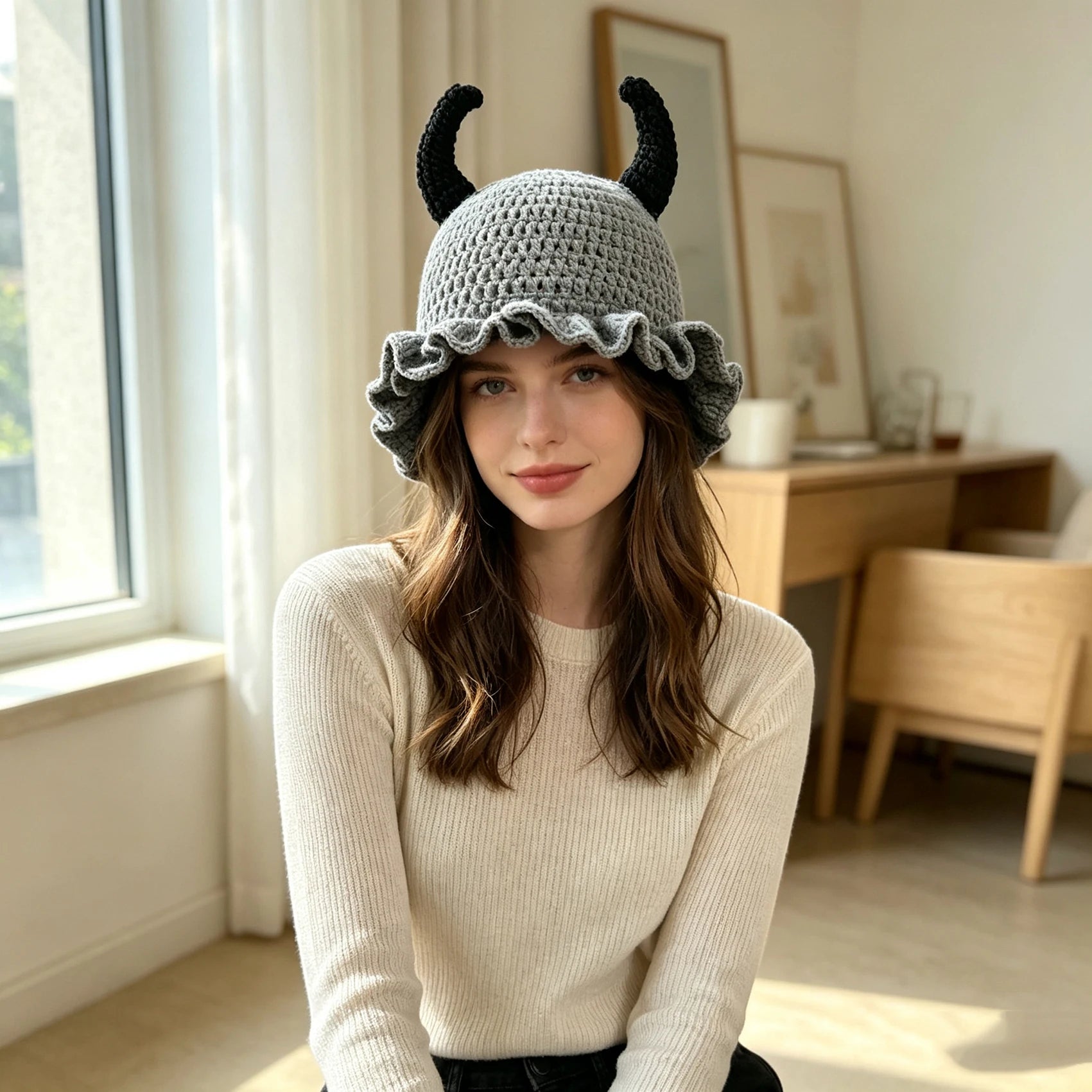 Knotwild cute devil horn crochet bucket hat with ruffle brim