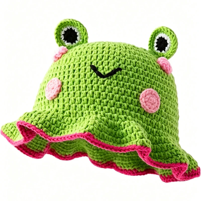 Knotwild cute cartoon frog crochet bucket hat with ruffle brim