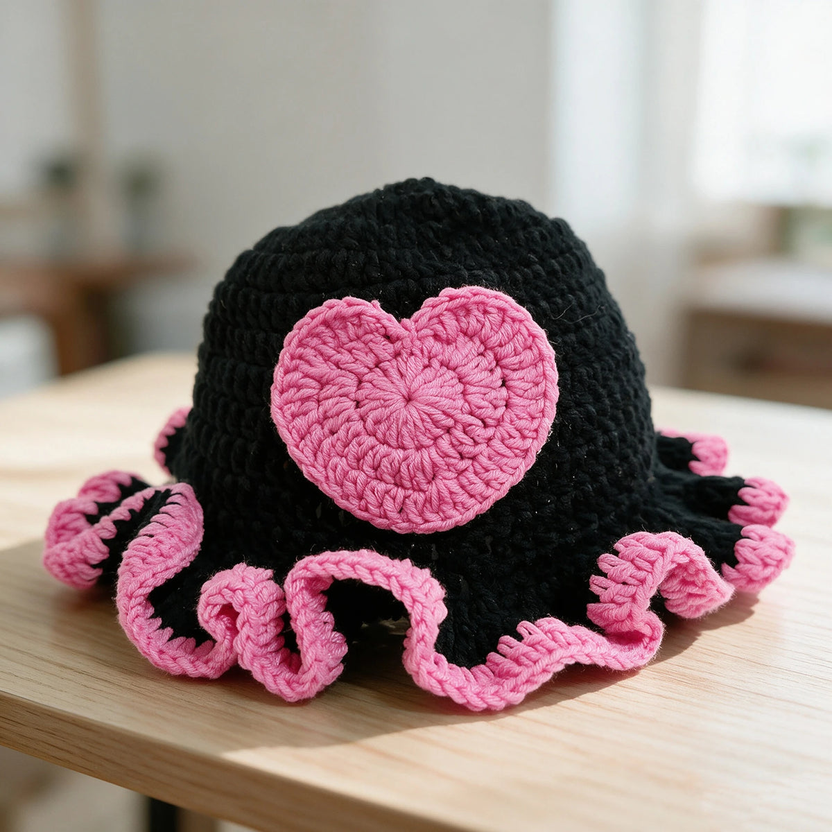 Knotwild cute heart patch crochet bucket hat with ruffle edge