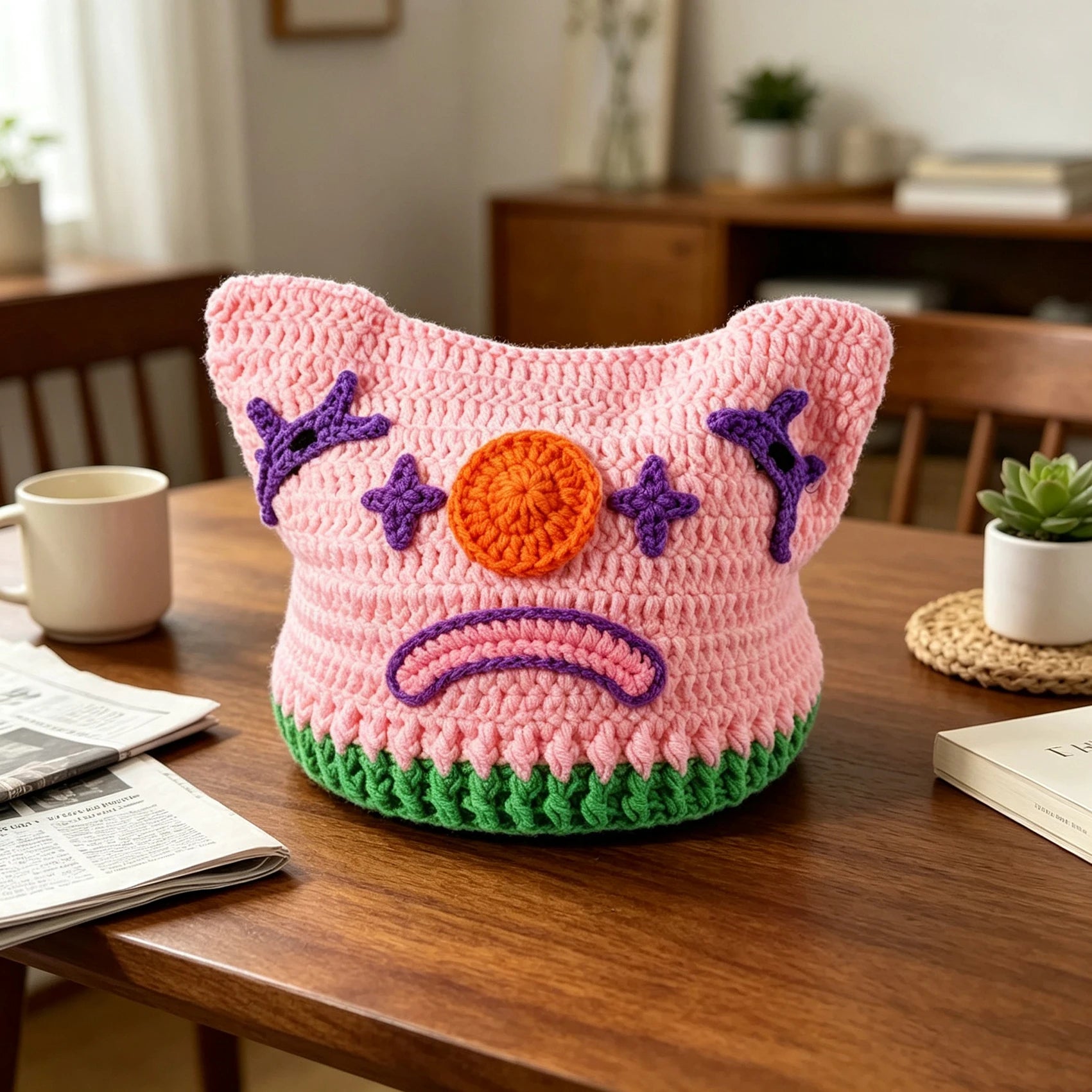 Knotwild pink handmade crochet clown knit beanie for women
