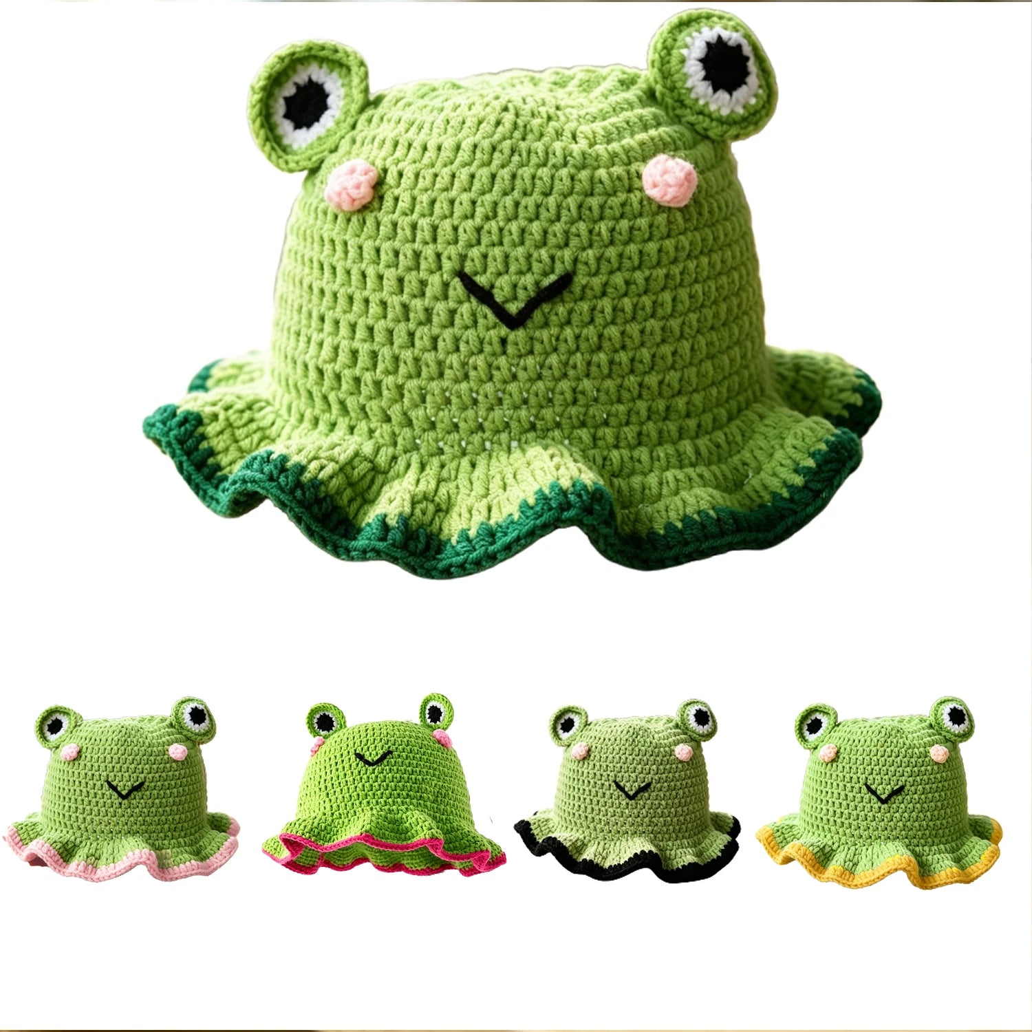 Knotwild cute cartoon frog crochet bucket hat with ruffle brim