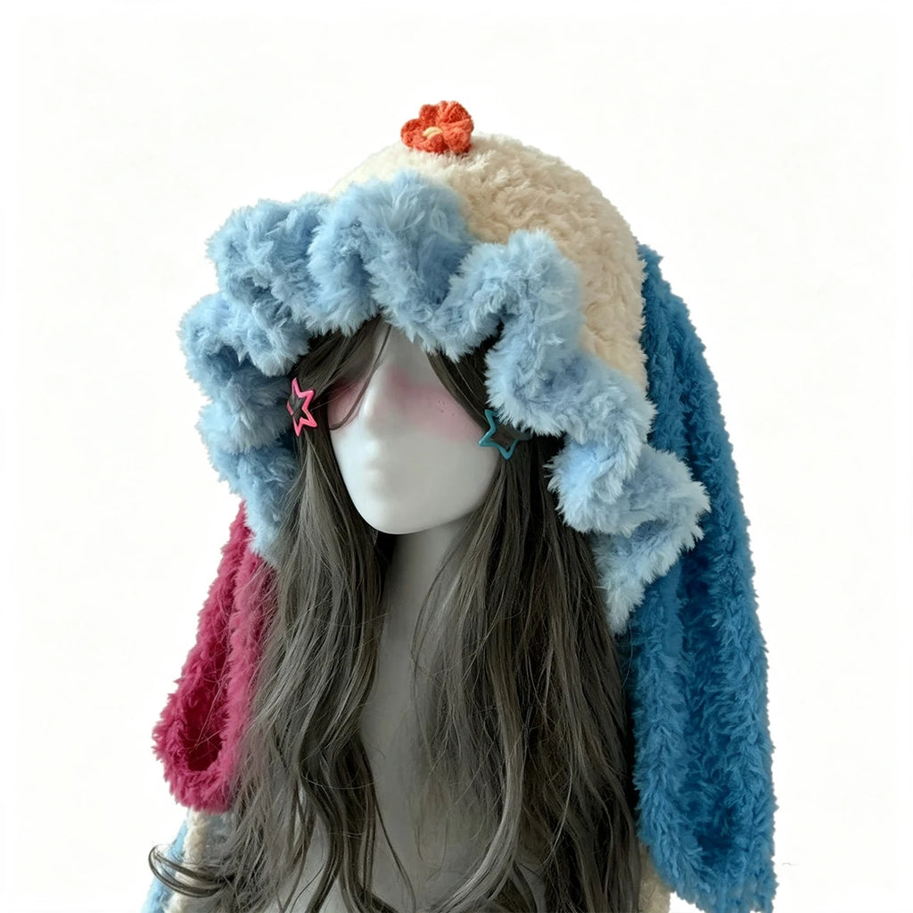 Handmade Crochet Colorful Bunny Rabbit Ears Hat Women Soft Flower Charm Ruffle Knit Beanie Girl Fairy Kawaii Winter Warm Cap
