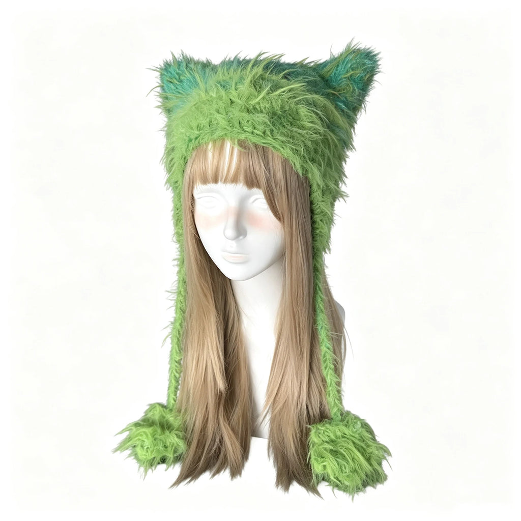 Custom Handmade Crochet Fluffy Lime Green Cat Ear Hat Long Tassels Plush Winter Warm Beanie Y2k Cosplay Aesthetic Gift for Women
