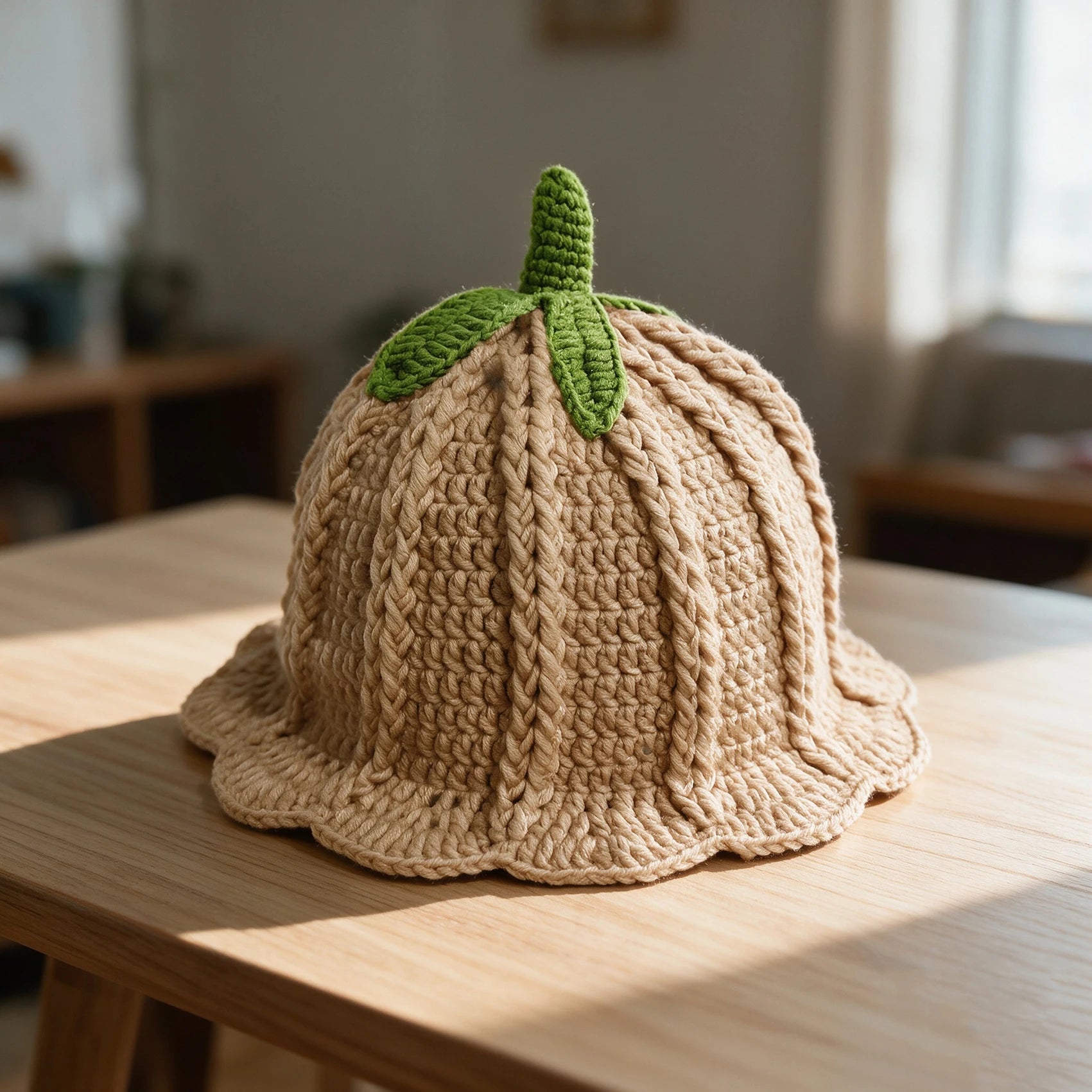 Knotwild hand-crocheted persimmon-colored ruffled bucket hat
