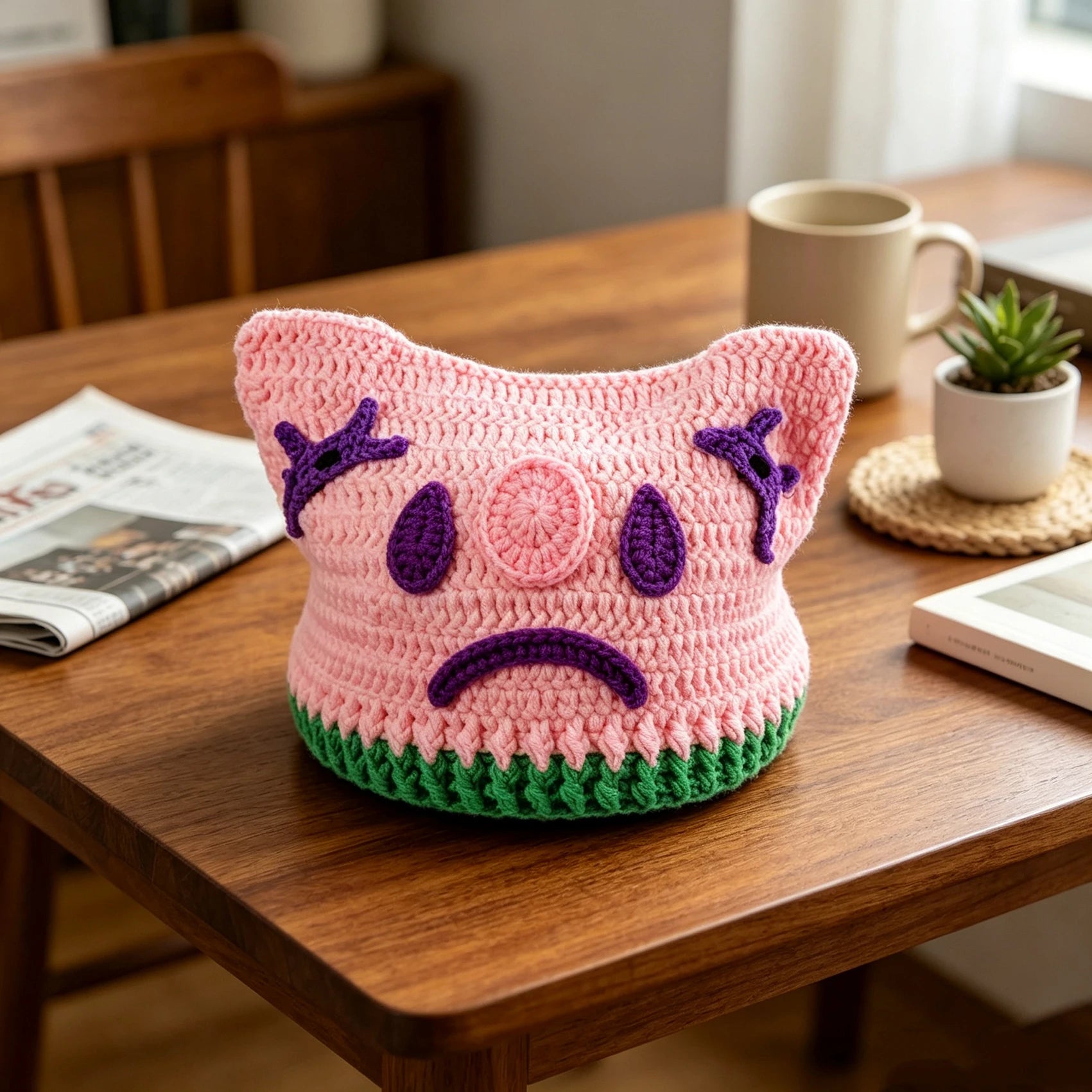 Knotwild pink handmade crochet clown knit beanie for women