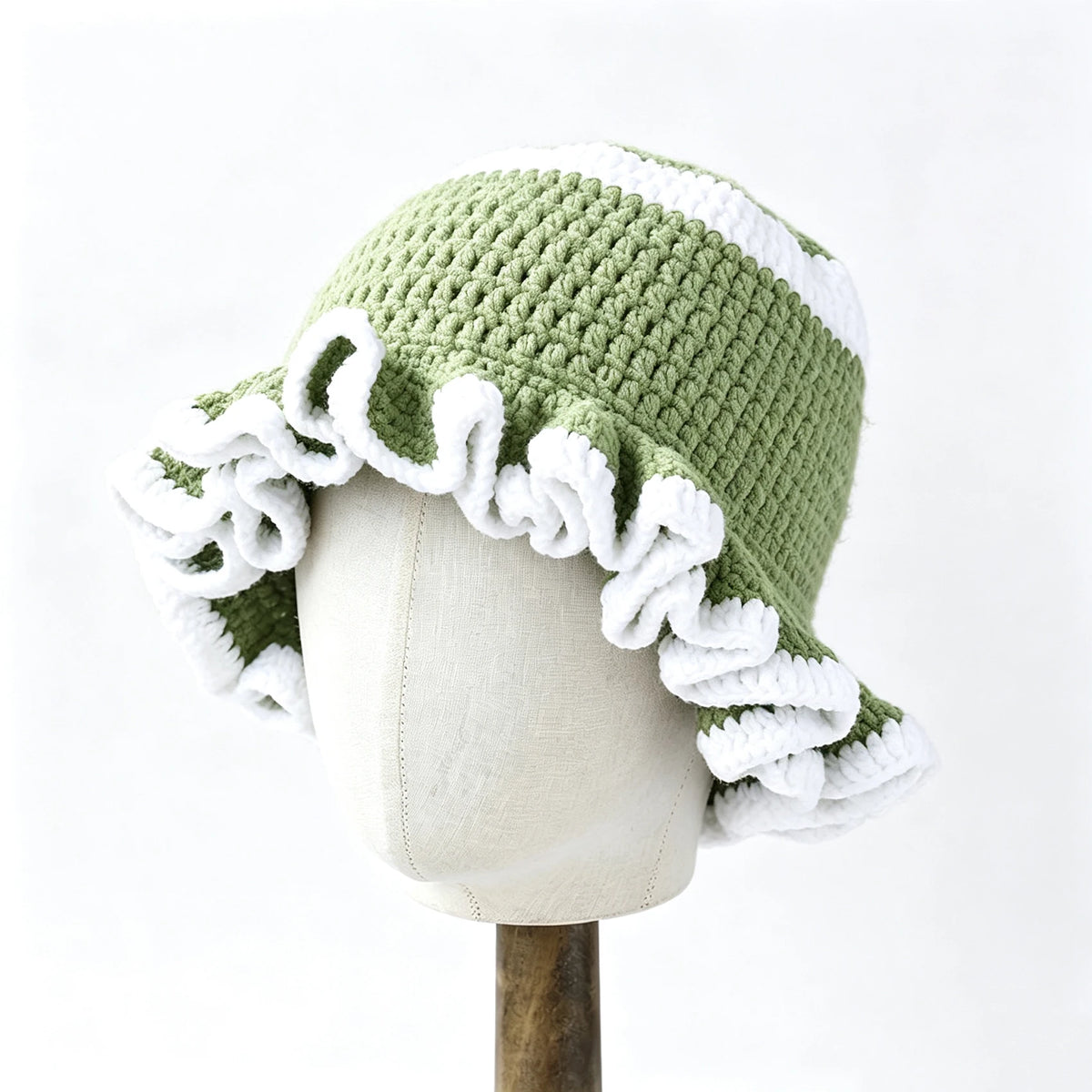 Knotwild two-tone ruffle crochet wide-brim folded bucket hat