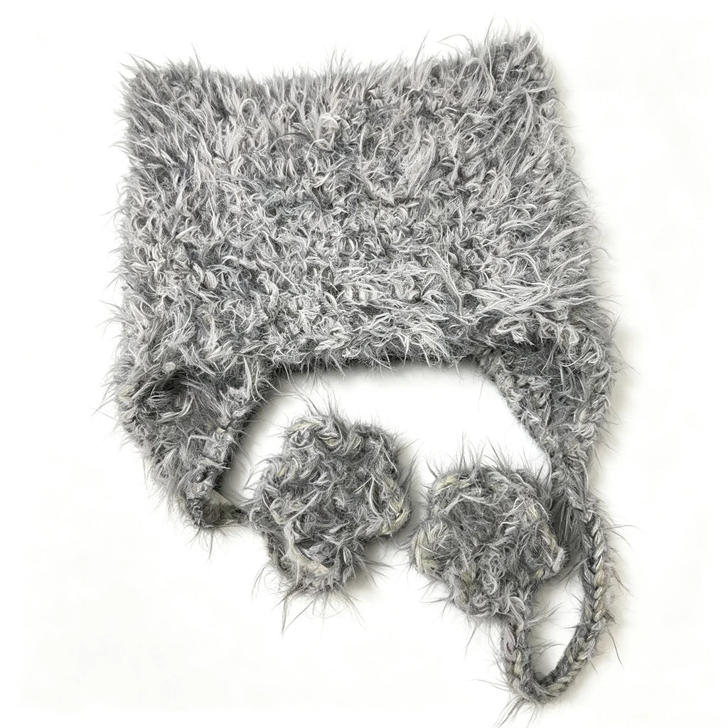 Custom Crochet Shaggy Cat Ear Beanie Gray Plush Animal Hat with Paws Unisex Goth Y2K Style Hood Daily Quirky Aesthetic Accessory