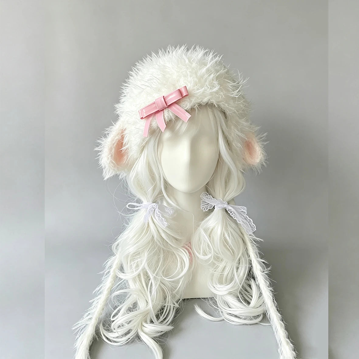 Custom Handmade Crochet White Lamb Sheep Ear Hat Women Fuzzy Bow Charm Knitted Beanie Girls Kawaii Lolita Cosplay Warm Gift