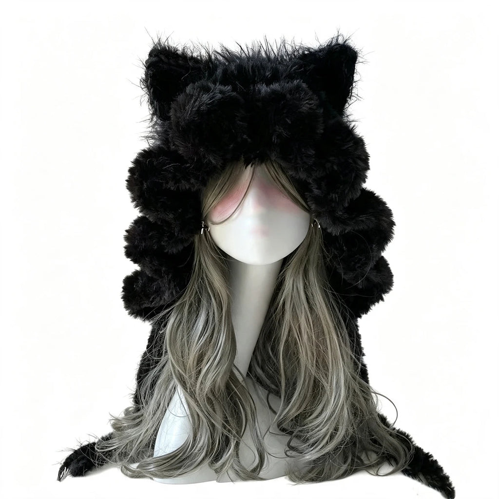 Handmade Crochet Black Cat Ear Hood Man Soft Fluffy Knitted Beanie Winter Warm Hat For Women Gothic Cosplay Dark Y2K Custom Gift