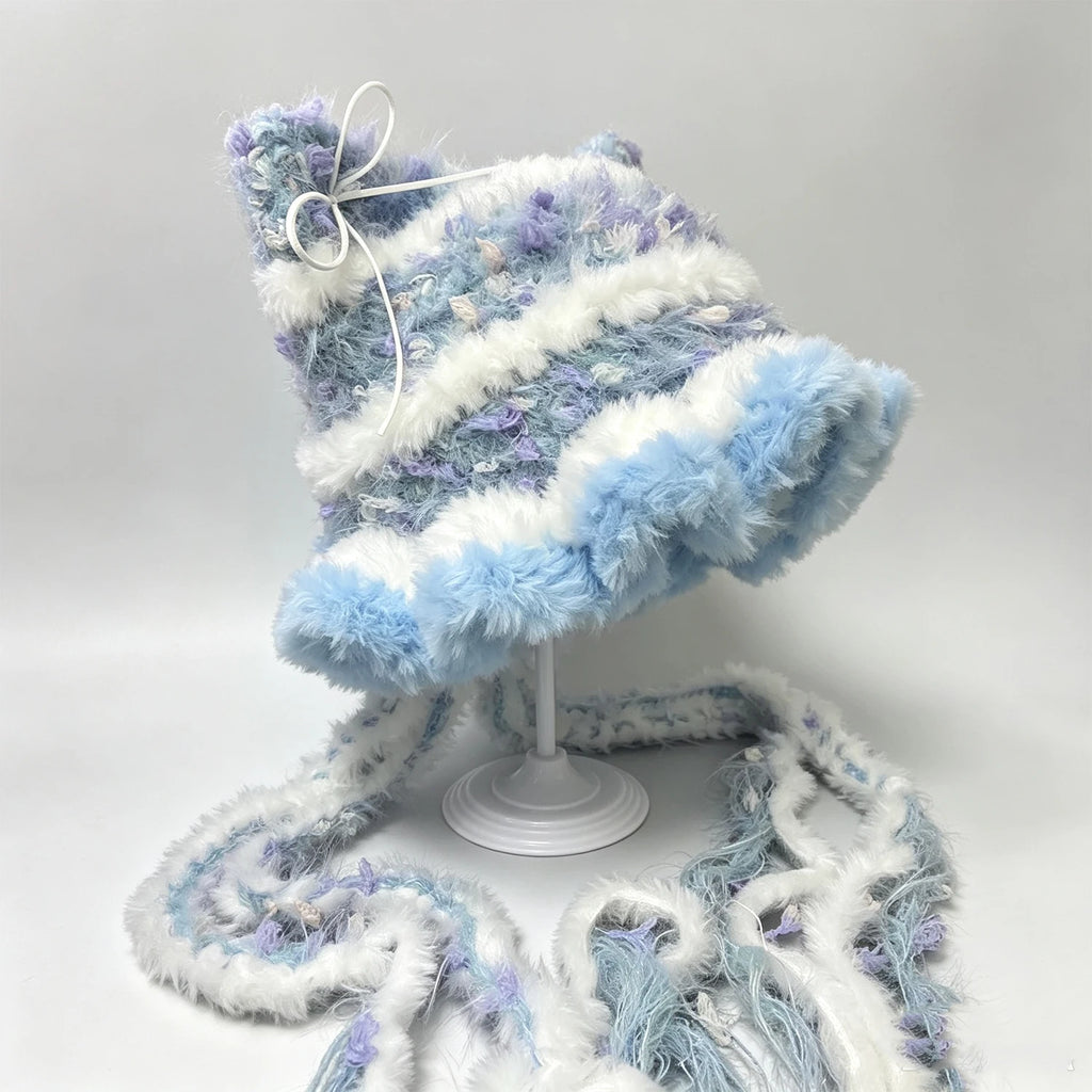 Custom Handmade Crochet White Blue Striped Cat Ear Hat Women Soft Knitted Ruffled Beanie Girls Kawaii Lolita Winter Warm Hood