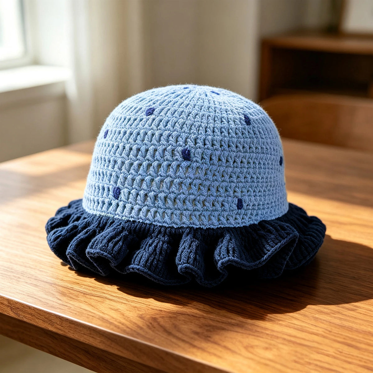 Knotwild watermelon pattern crochet bucket hat with ruffle brim