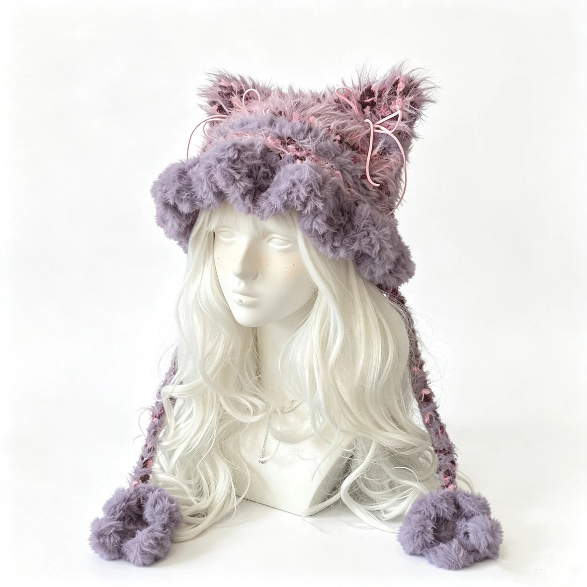 Handmade Purple Cat Ear Beanie Women Crochet Fluffy Winter Warm Knit Hat Girls Kawaii Fairycore Sweet Cosplay Headwarmer Custom