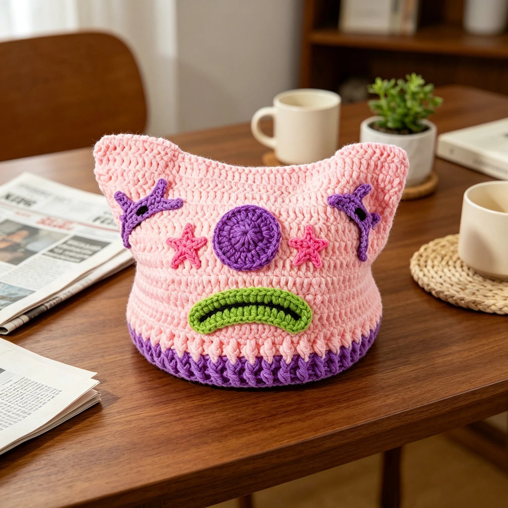 Knotwild pink handmade crochet clown knit beanie for women