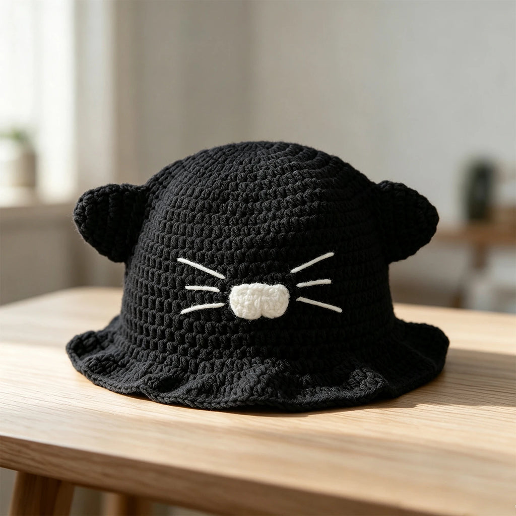Knotwild kawaii cat ear crochet bucket hat with whisker detail
