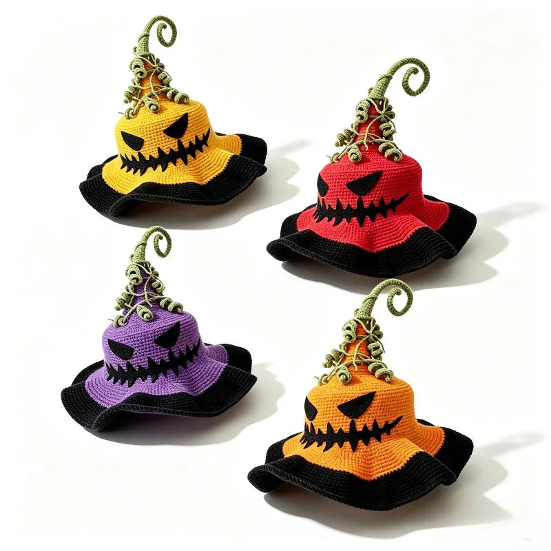 Handmade Crochet Colorful Pumpkin Devil Witch Bucket Hat Women Custom Leaf Ruffled Wizard Beanie Hat Cosplay Halloween Caps