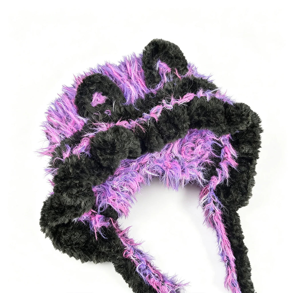 Handmade Crochet Black Purple Cat Ear Hat Men Fuzzy Tassels Knit Winter Warm Hood Goth Halloween Cosplay Beanie Women Custom