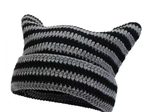 Knotwild warm cat ear striped punk Y2K crochet bucket hat