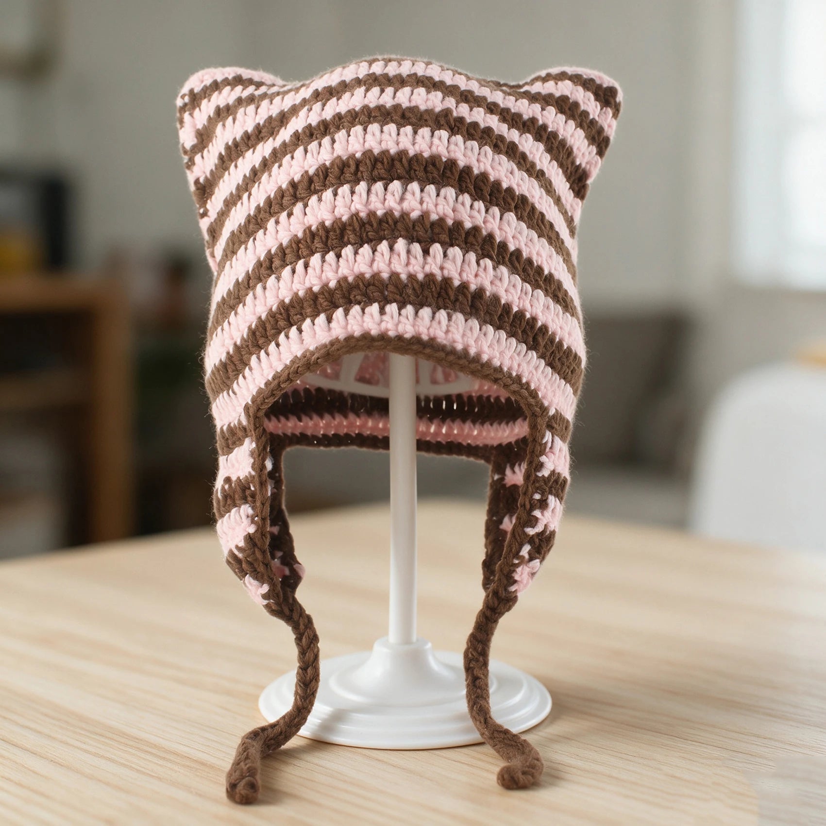 Knotwild striped cat ear crochet earflap winter beanie