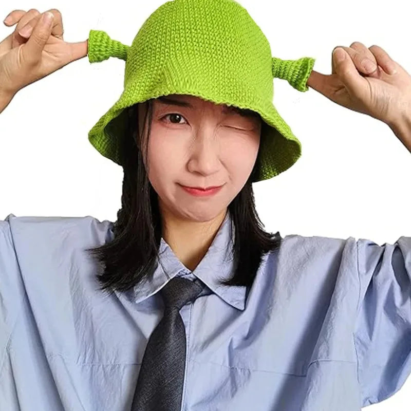 Knotwild hand-crocheted green-eared monster balaclava hat