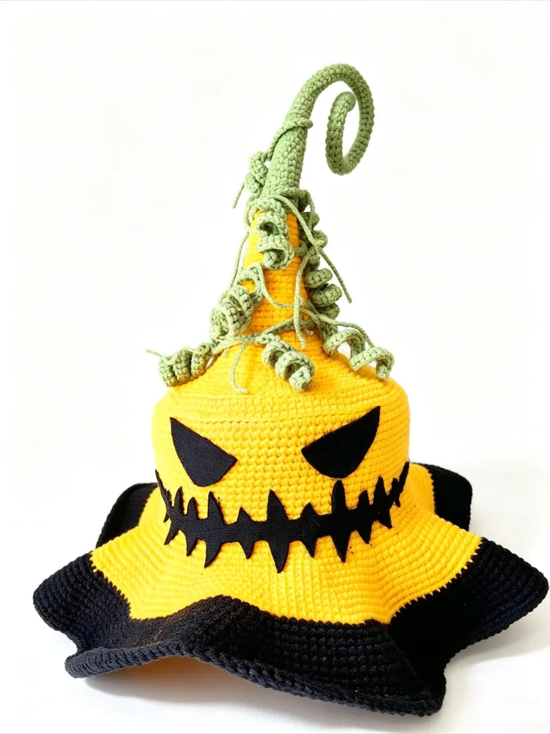 Handmade Crochet Colorful Pumpkin Devil Witch Bucket Hat Women Custom Leaf Ruffled Wizard Beanie Hat Cosplay Halloween Caps