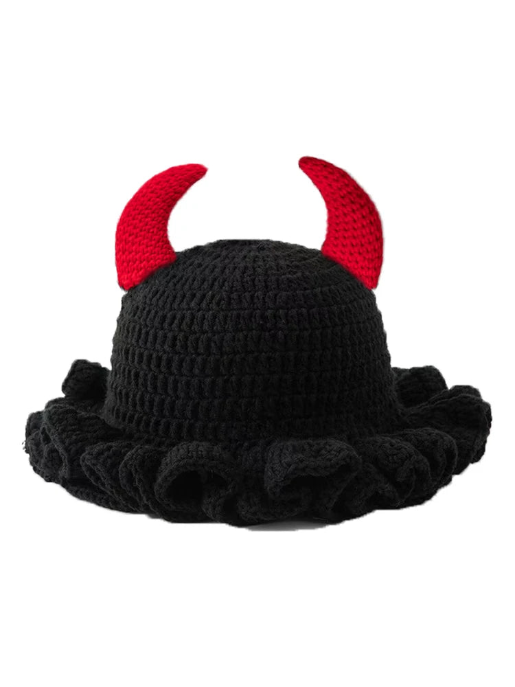 Knotwild cute devil horn crochet bucket hat with ruffle brim