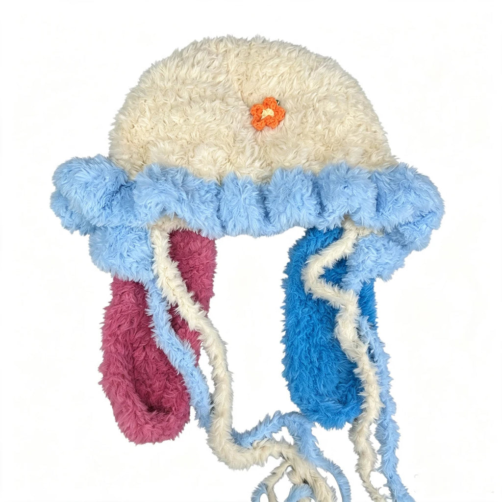 Handmade Crochet Colorful Bunny Rabbit Ears Hat Women Soft Flower Charm Ruffle Knit Beanie Girl Fairy Kawaii Winter Warm Cap