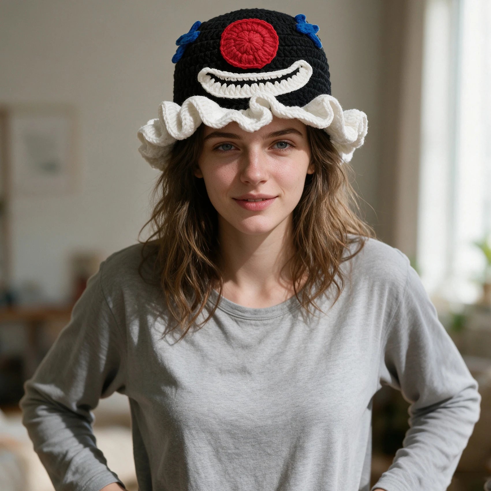 Knotwild handmade crochet clown fisherman hat with smiley face