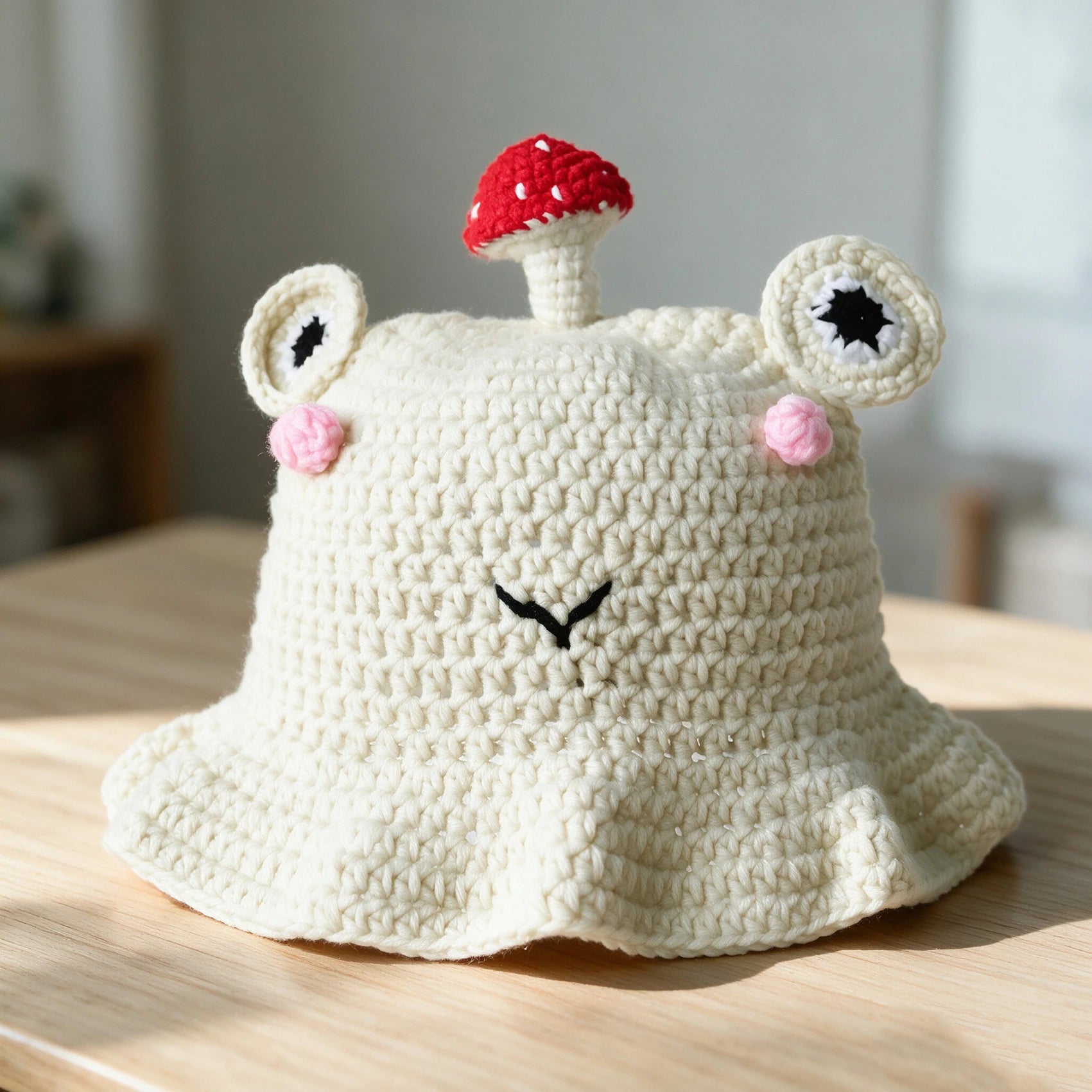 Knotwild hand-hooked crochet frog bucket hat with mushroom decor
