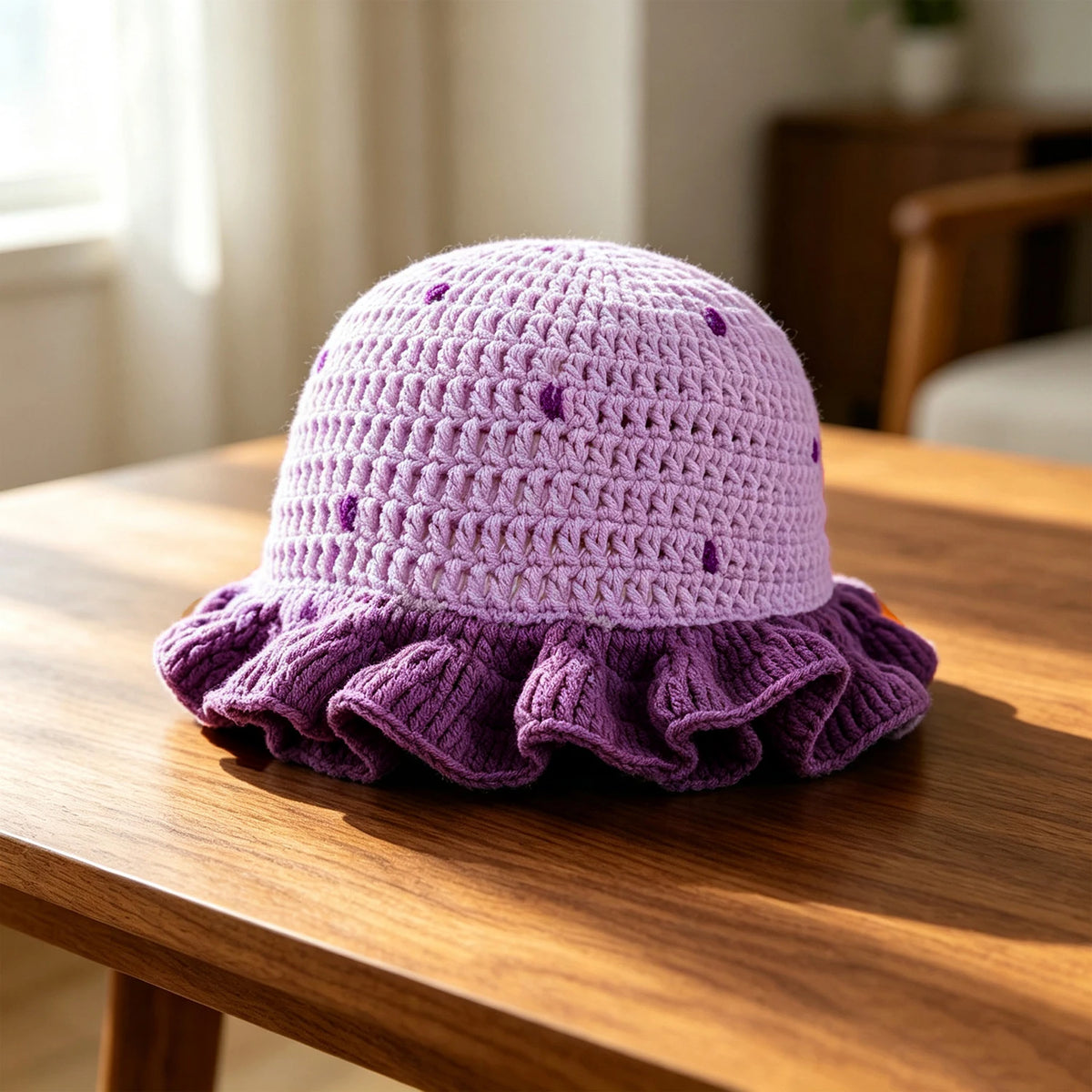Knotwild watermelon pattern crochet bucket hat with ruffle brim