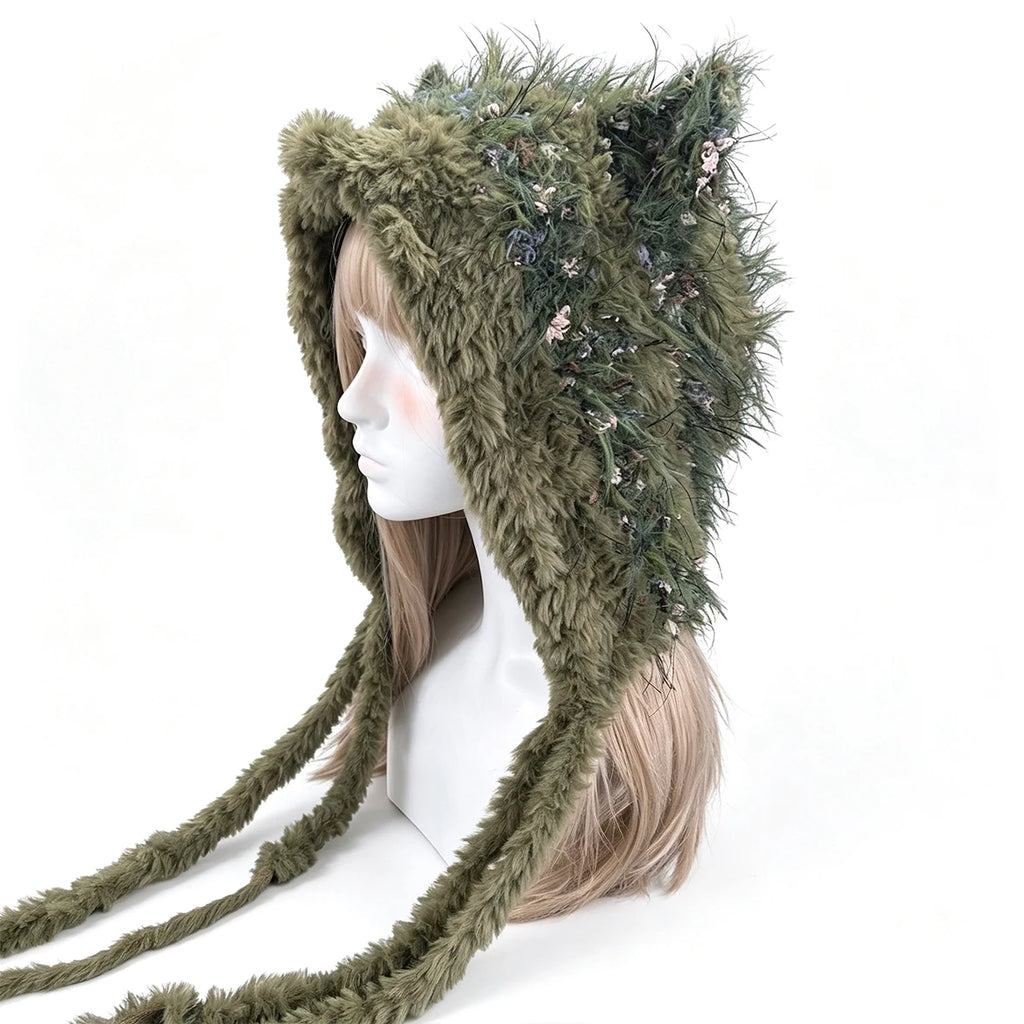 Custom Handmade Crochet Furry Moss Green Hood For Women Soft Faux Fur Yarn Winter Warm Pullover Kawaii Fairycore Forest Warm Hat