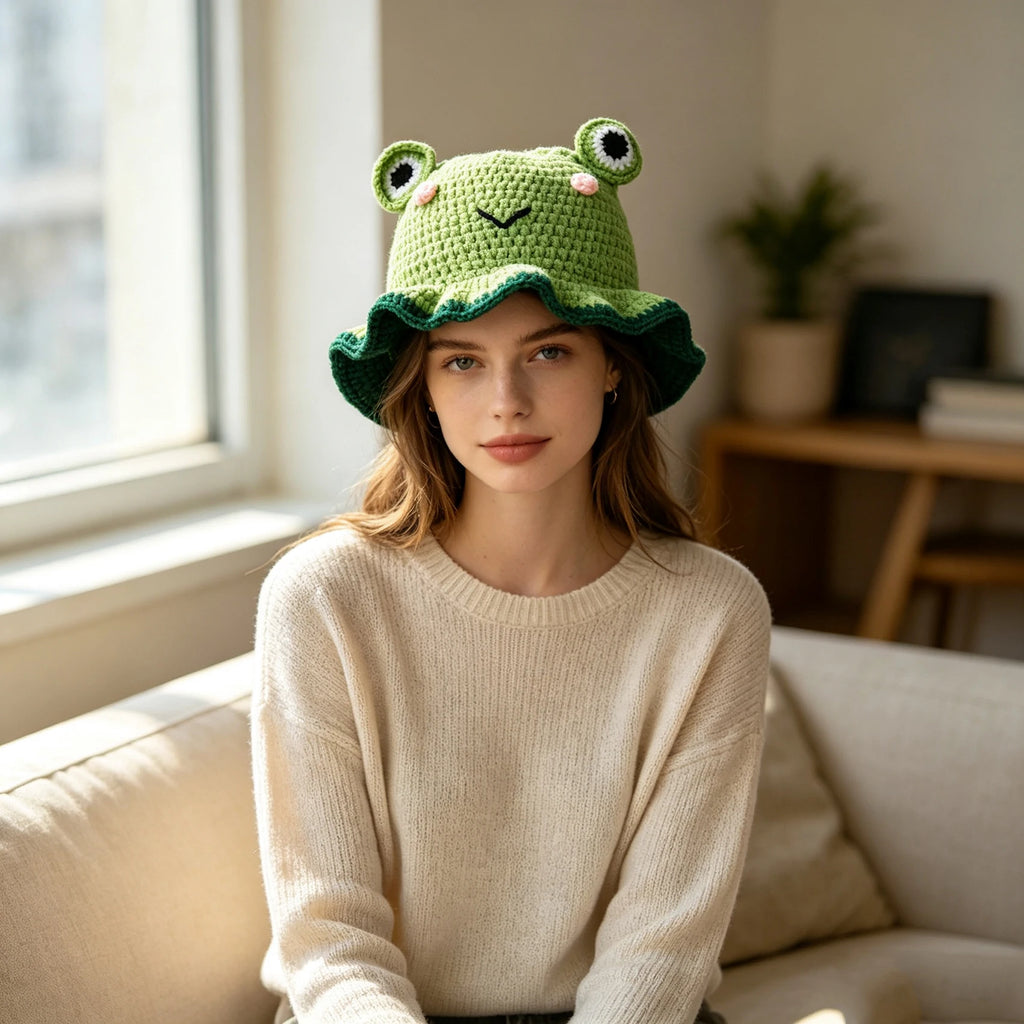 Knotwild cute cartoon frog crochet bucket hat with ruffle brim