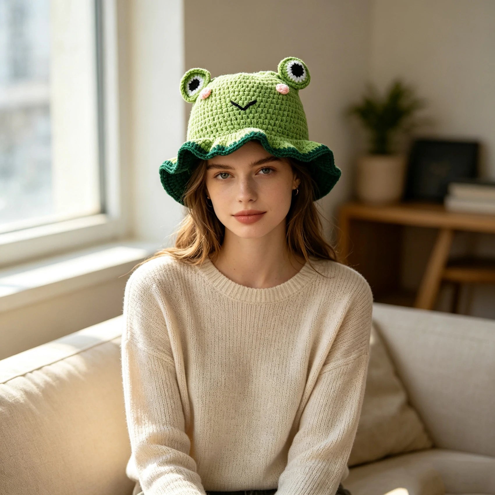 Knotwild cute cartoon frog crochet bucket hat with ruffle brim