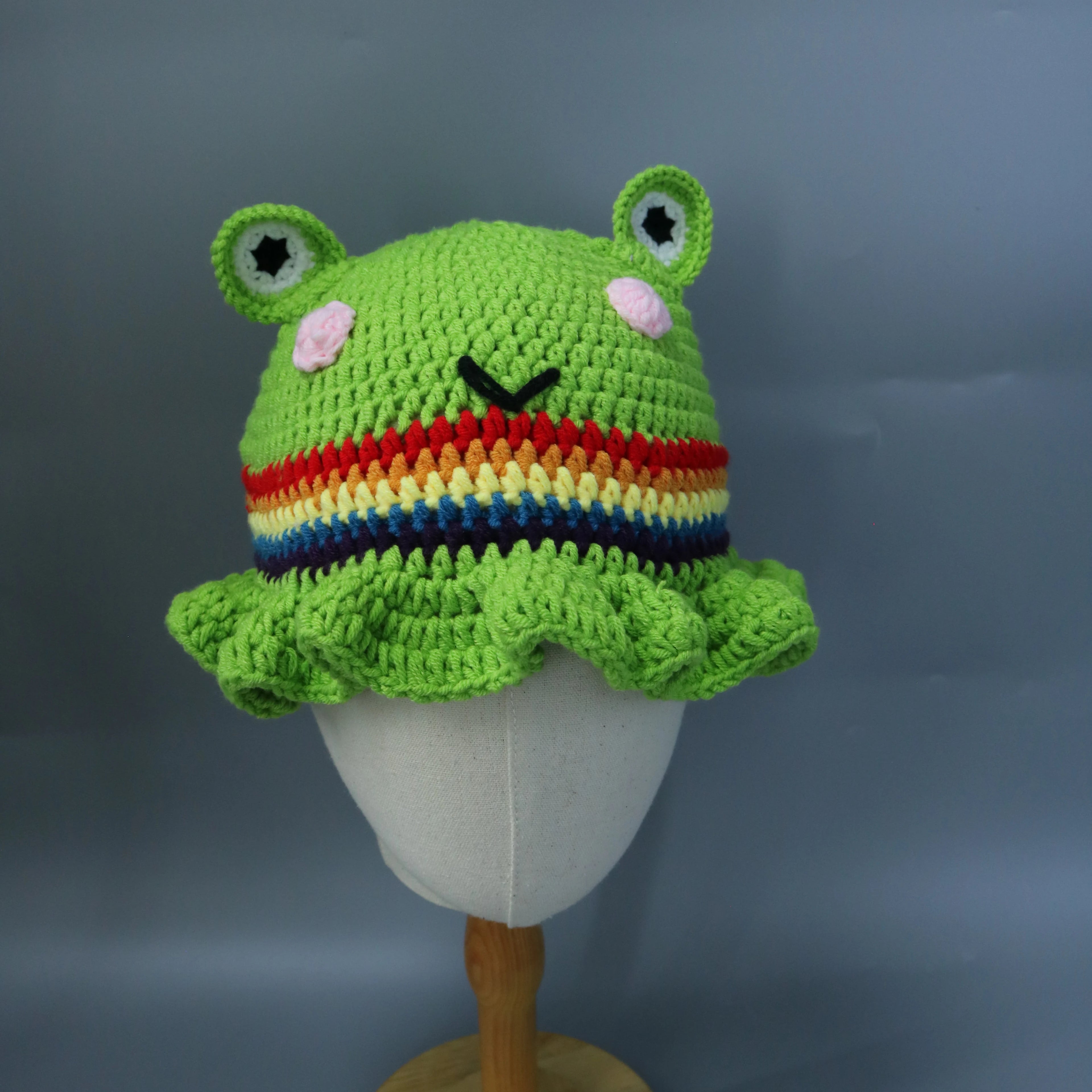Knotwild cute cartoon frog crochet bucket hat with ruffle brim