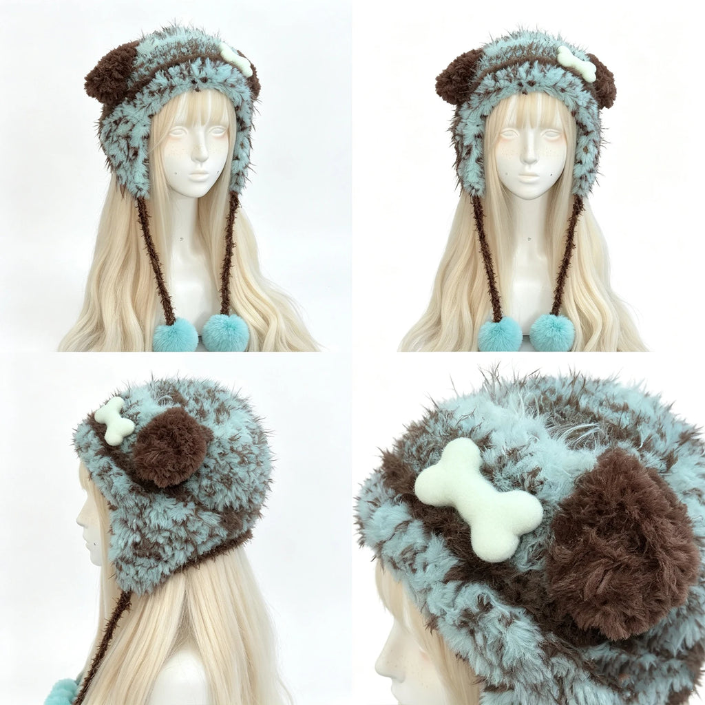 Custom Handmade Crochet Mint Chocolate Puppy Ear Hat Man Cozy Bone Pom Charm Knitted Beanie Women Kawaii Cosplay Winter Earflap