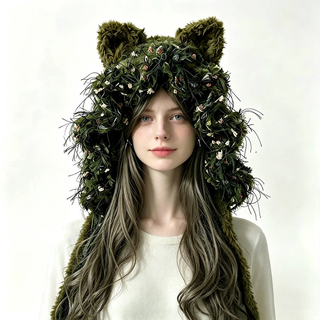 Handmade Moss Green Cat Ear Plush Woodland Hat Women Fuzzy Soft Custom Crochet Knitted Beanie Man Forest Cosplay Winter Warm Cap