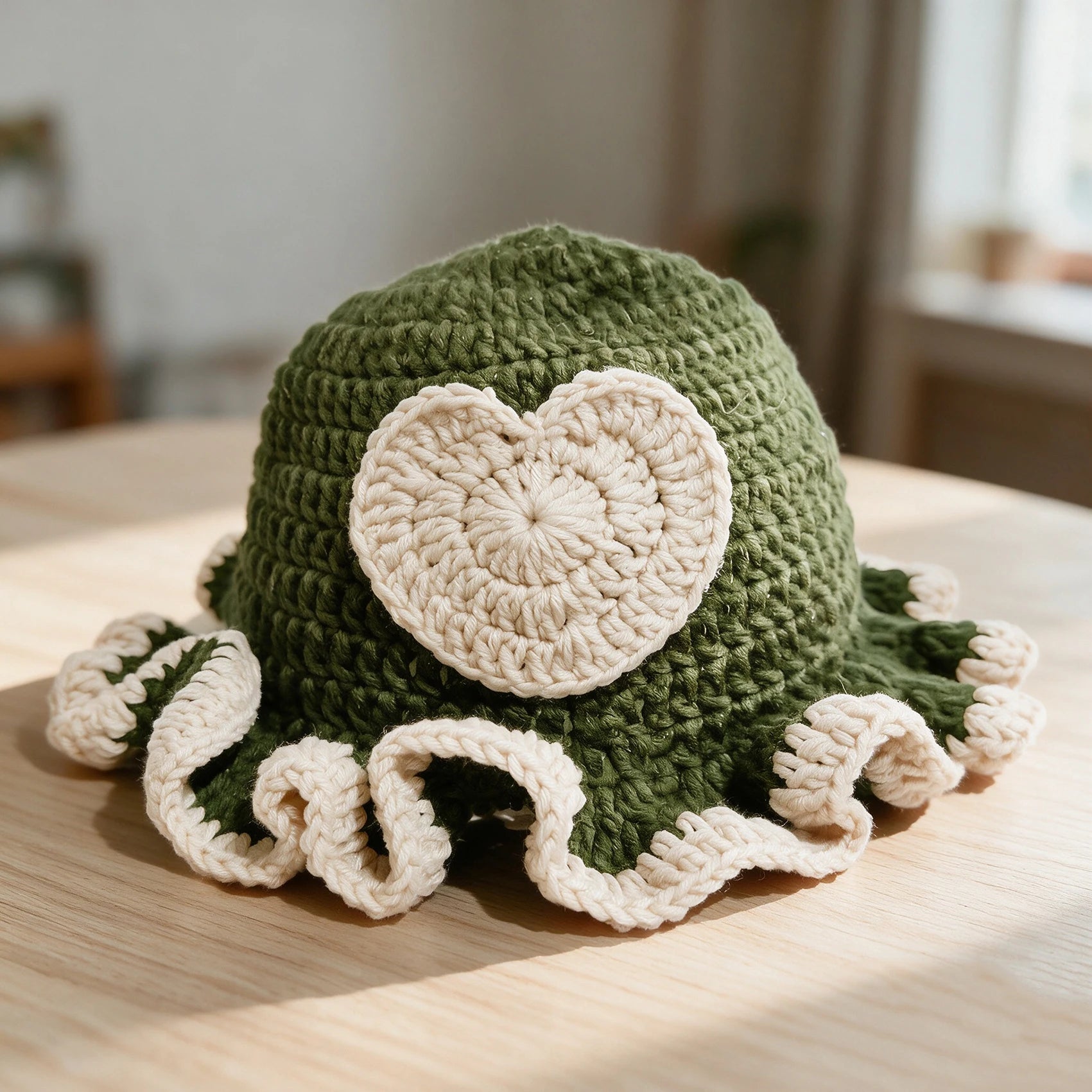Knotwild cute heart patch crochet bucket hat with ruffle edge