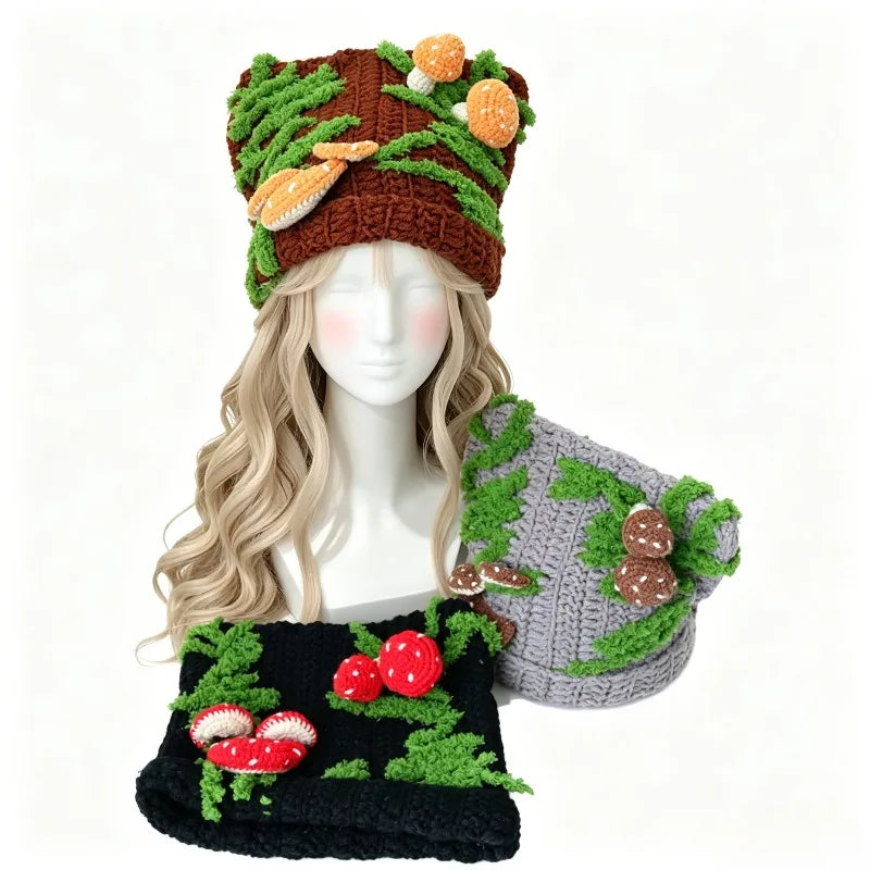 Handmade Colorful Cat Ear Hat Women Winter Custom Crochet Mushroom Decor Knitted Beanie Men Warm Funny Casual Cosplay Caps Girls